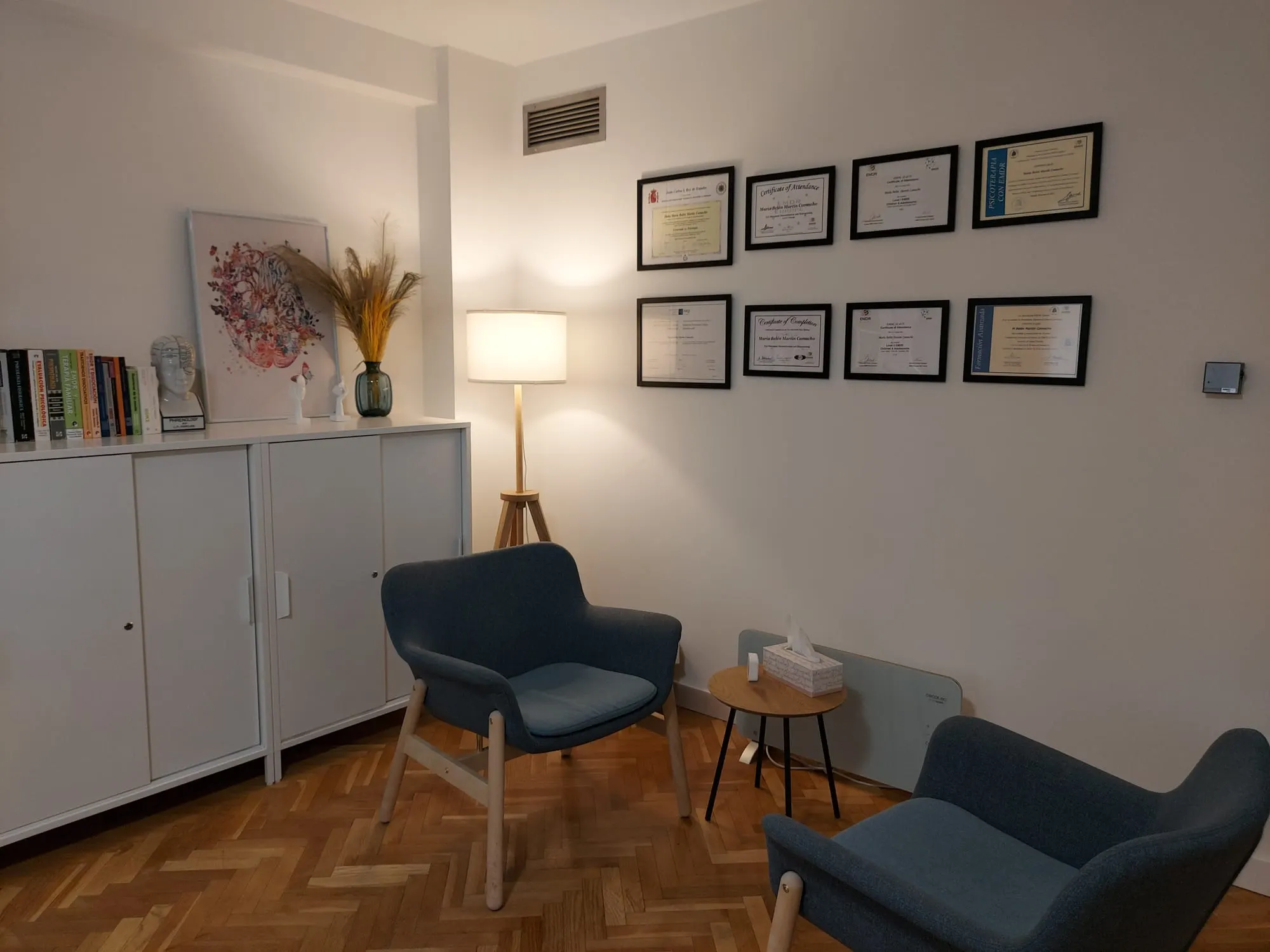 Sala de consulta de BM Psicología en Zaragoza: dos butacas azules enfrentadas junto a una lámpara de pie, suelo de parqué en espiga, un armario con libros de psicología y una pared con las titulaciones y certificaciones en EMDR del equipo.