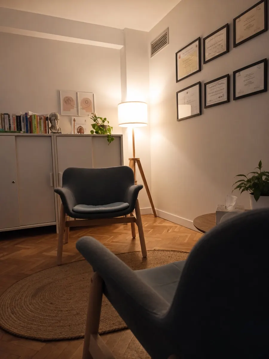 La consulta vista desde la butaca del paciente: dos butacas sobre una alfombra redonda de yute, la lámpara de pie encendida y plantas naturales junto a la mesa auxiliar.